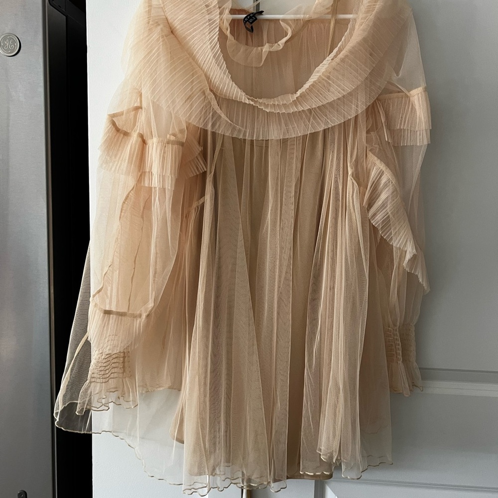 Tan sheer dress with ruffles and long sleeves - slip under included